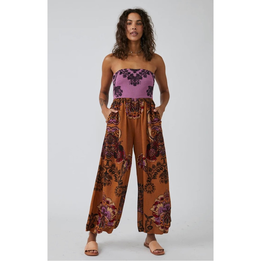 Free People Indigo Sun purple gold floral wide leg jumpsuit NWT